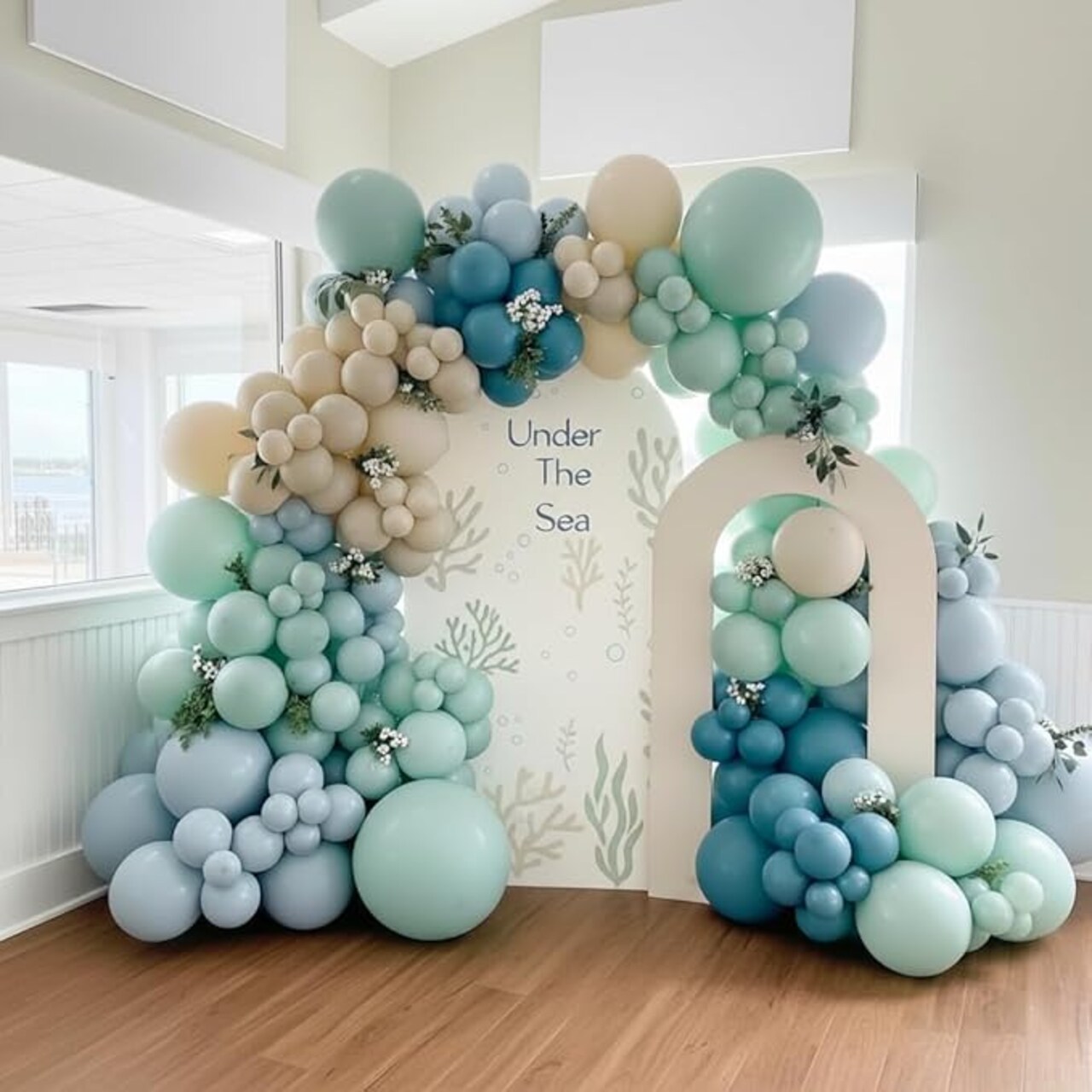 163PCS Under The Sea Balloon Garland Arch Kit, Ocean Theme Party Decorations, Blue Green Sand White Balloon Arch, Baby Shower Birthday Underwater Party Supplies